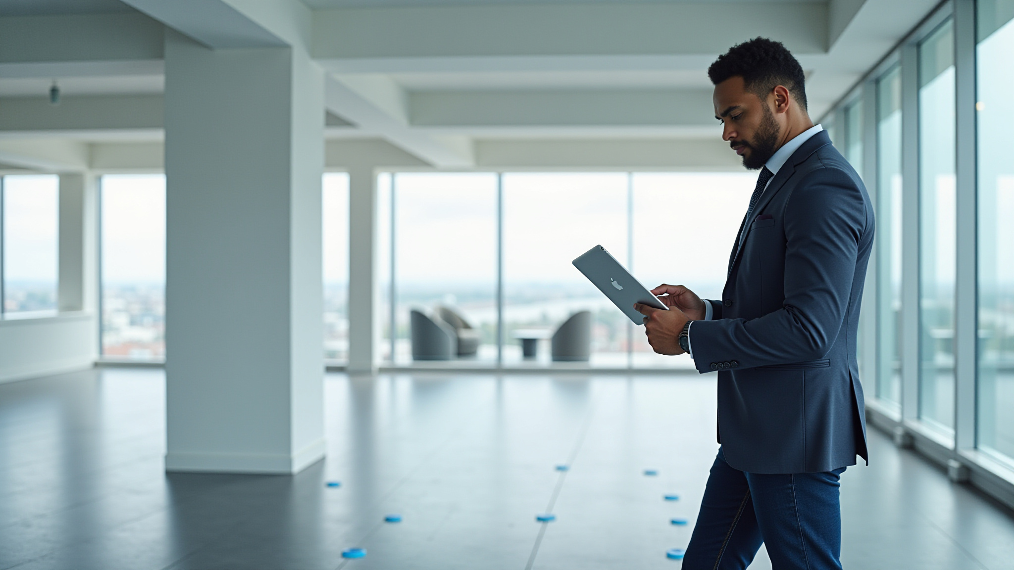 Surveyor capturing an empty office floor with an iPad to create a floor plan